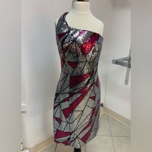 Size 0 Silver Pink & Black Sequin Prom Party Formal Cocktail Party Dress NWT